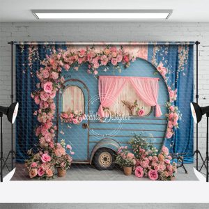 Pink Flower Blue Curtain Retro RV Spring Backdrop - Aperturee