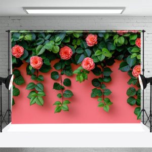 Pink Flowers Green Leaves Wall Photography Backdrop - Aperturee