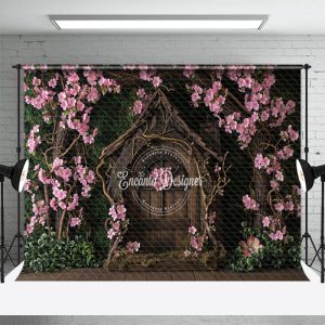 Pink Flowers Surround Vintage Wood House backdrop - Aperturee