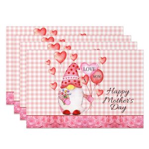 Pink Gnome Heart Balloon Plaid Set Of 4 Placemats - Aperturee