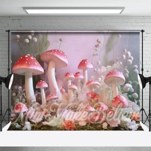 Pink Mushroom White Floral Misty Wonderland Backdrop - Aperturee