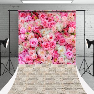 Pink White Rose Brick Floor Sweep Photo Backdrop - Aperturee