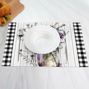 Purple Floral Wood Plaid Dining Set Of 4 Placemats - Aperturee