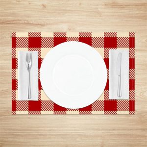 Red Beige Plaid Fabric Dining Set Of 4 Placemats - Aperturee