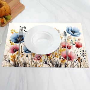 Red Blue Floral Yellow Leaves Set Of 4 Placemats - Aperturee