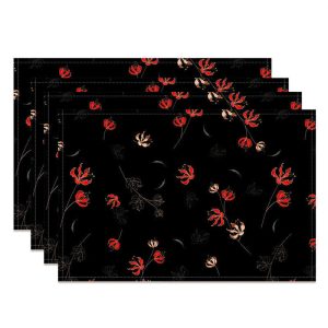 Red Floral Seamless Black Dining Set Of 4 Placemats - Aperturee