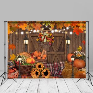 Red Maples Pumpkins Wood Door Autumn Backdrop For Decor - Aperturee