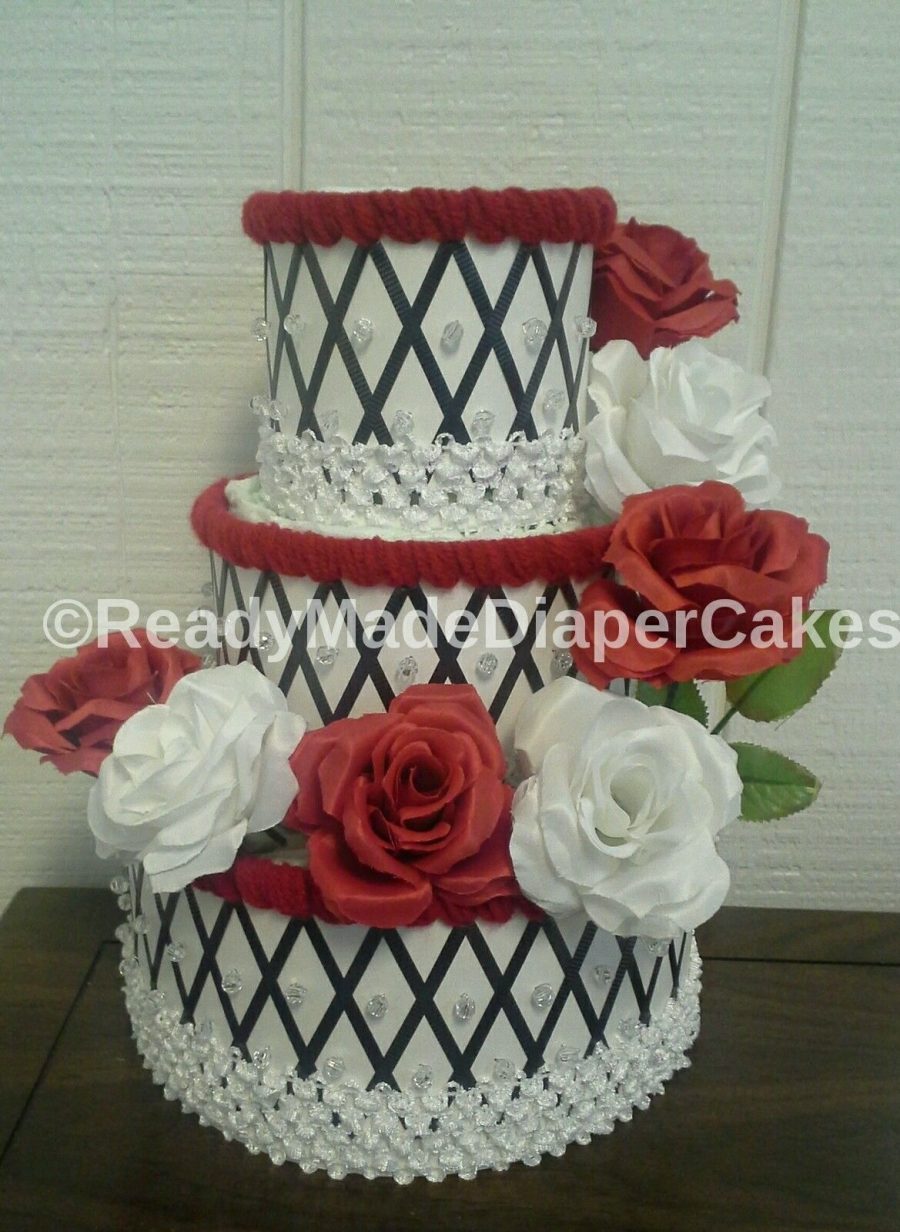Red and Black Elegant Themed Baby Shower Decor 3 Tier Diaper Cake Gift