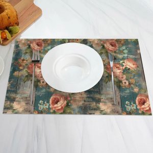 Retro Green Pink Floral Wooden Set Of 4 Placemats - Aperturee