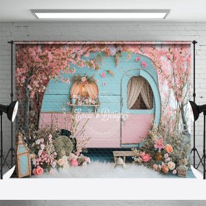 Retro Pink Blue RV Peach Tree Fluff Spring Backdrop - Aperturee