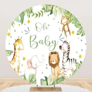 Round Safari Animals Green White Baby Shower Backdrop - Aperturee