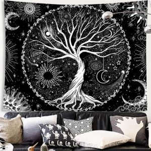 (Ship In 24HR) Tree of Life Black And White Moon Galaxy Wall Tapestry