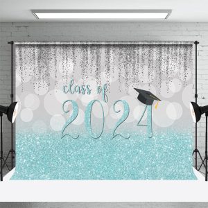 Silver Blue Glitter Class Of 2024 Grad Photo Backdrop - Aperturee