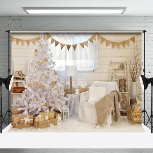 Snowy Christmas Tree Sofa Curtain Beige Wall Backdrop - Aperturee