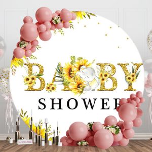 Sunflower Elephant White Round Baby Shower Backdrop - Aperturee