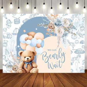 Teddy Bear Balloon Floral Blue Baby Shower Backdrop - Aperturee