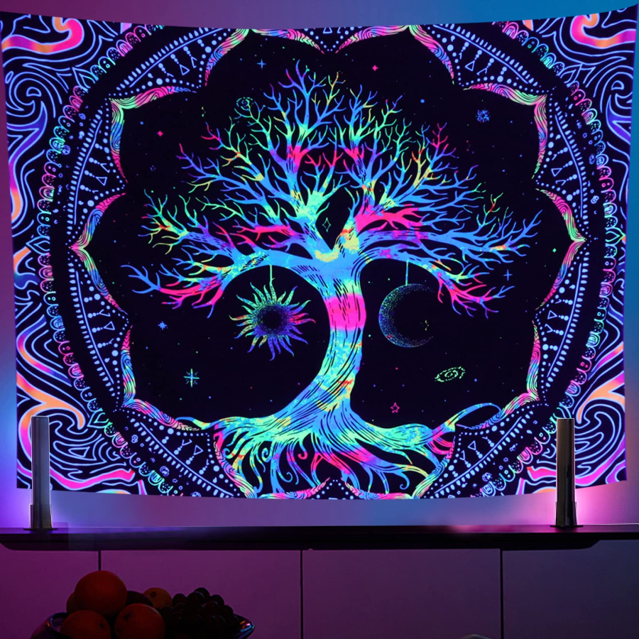 UV Blacklight Tree of Life Sun Moon and Star Galaxy Tapestry