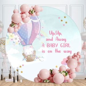 Up Up And Away Balloon Cat Round Baby Shower Backdrop - Aperturee