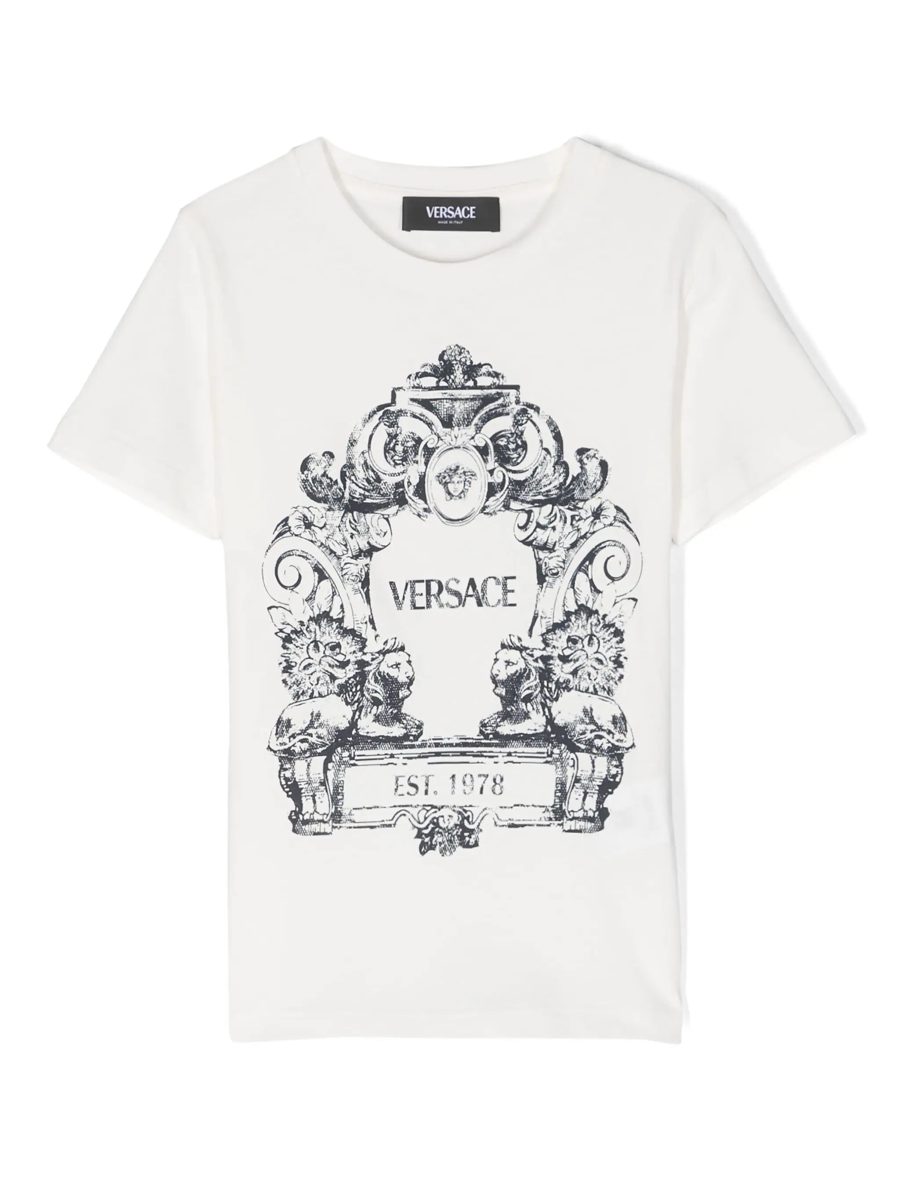 VERSACE KIDS Boys Cartouche Print T-Shirt White/Navy