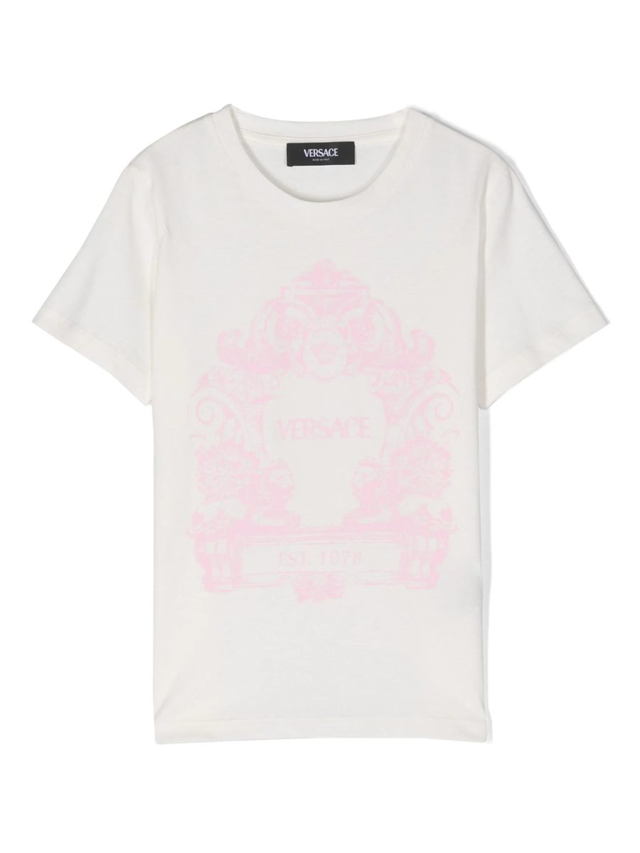 VERSACE KIDS Girls Cartouche Print T-Shirt White/Pink