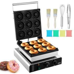 VEVOR Electric Donut Maker, 2000W Commercial Doughnut Machine with Non-stick Surface, 9 Holes Double-Sided Heating Waffle Machine Makes 9 Doughnuts, Temperature 122-572°F, for Restaurant and Home Use