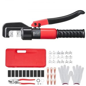 VEVOR Hydraulic Crimping Tool with 9 Sets of Dies AWG12-2/0 Copper And Aluminum Terminal Battery Lug Crimper, with a Cutting Pliers, Gloves, 10pcs Copper Ring Connectors, 8pcs Heat Shrink Sleeves