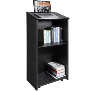 VEVOR Podium Stand, 47 in Hostess Stand with 4 Rolling Wheels, Wood Podium with Storage Shelves, and Slant Desktop, Lecterns & Podiums for Church, Office, School, Home, Black