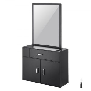 VEVOR Salon Storage Cabinet, Wall Mounted Barber Salon Station for Hair Stylist, Hair Stylist Station Set, with 3 Sleeves, A Mirror, Double-door Cabinet, and A Drawer, Black