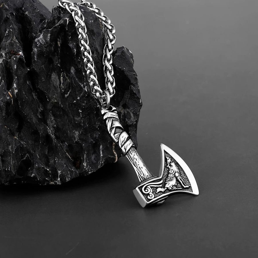 Vintage Viking Wolf and Crow Axe 316L Stainless Steel Pendant Necklace