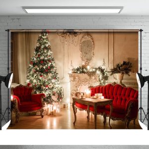 Warm Cozy Candles Christmas Tree Red Sofa Backdrop - Aperturee