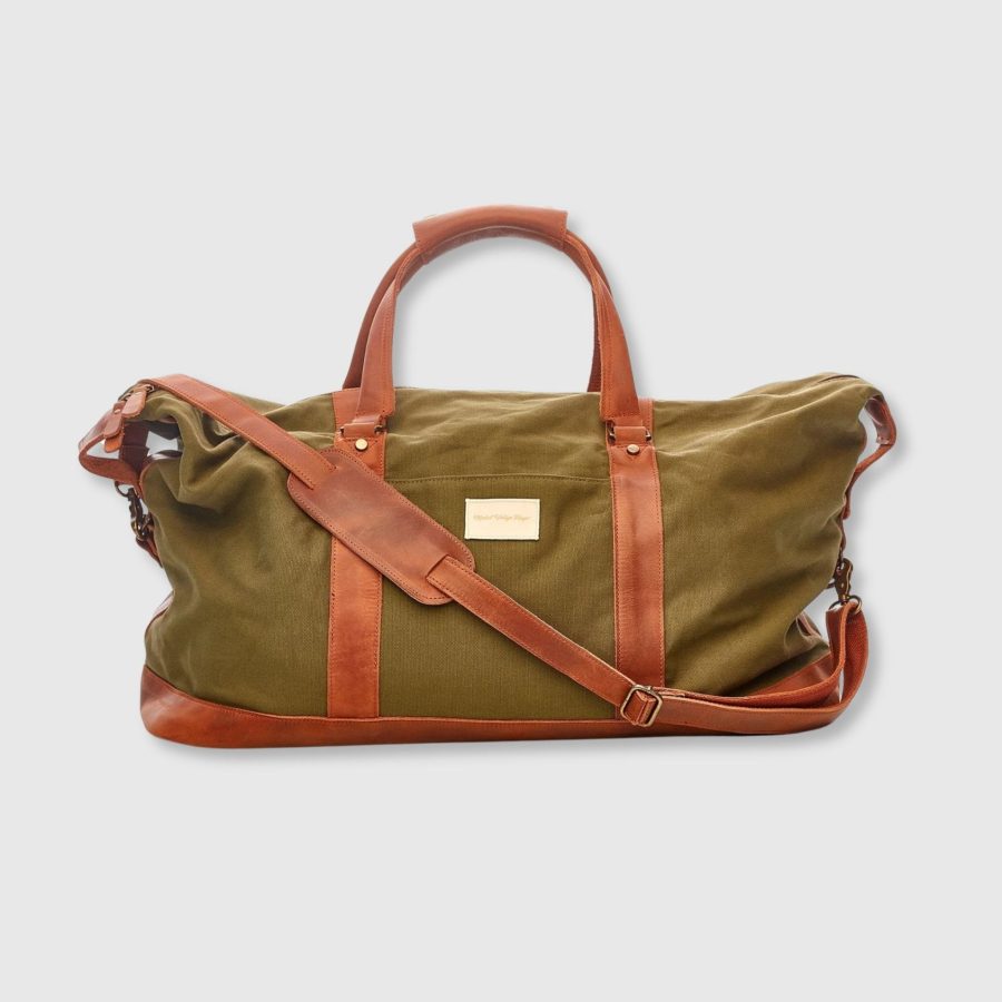 Waxed Canvas / Leather Weekender Bag - Olive