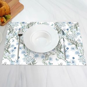 White Blue Floral Greenery Spring Set Of 4 Placemats - Aperturee