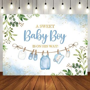 White Blue Green Leaves Boys Baby Shower Backdrop - Aperturee