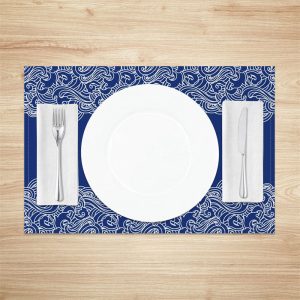 White Blue Waves Pattern Dining Set Of 4 Placemats - Aperturee