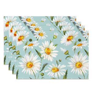 White Daisy Floral Cyan Repeat Set Of 4 Placemats - Aperturee