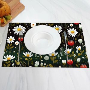 White Daisy Flower Green Leaf Set Of 4 Placemats - Aperturee