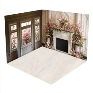 White Fireplace Pink Floral Sping Window Room Set - Aperturee