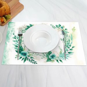 White Green Floral Leaves Natural Set Of 4 Placemats - Aperturee