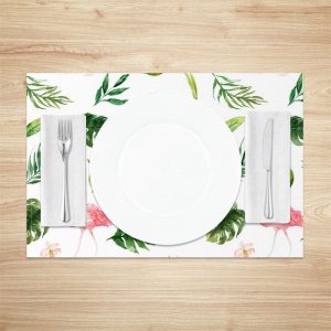 White Green Monstera Flamingos Set Of 4 Placemats - Aperturee