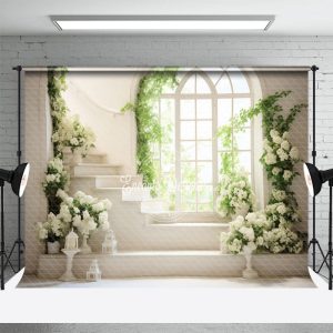 White Stairs Window Flower Spring Photo Backdrop - Aperturee