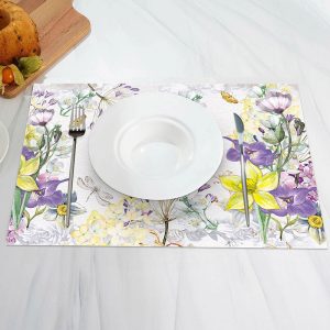 White Yellow Purple Floral Spring Set Of 4 Placemats - Aperturee