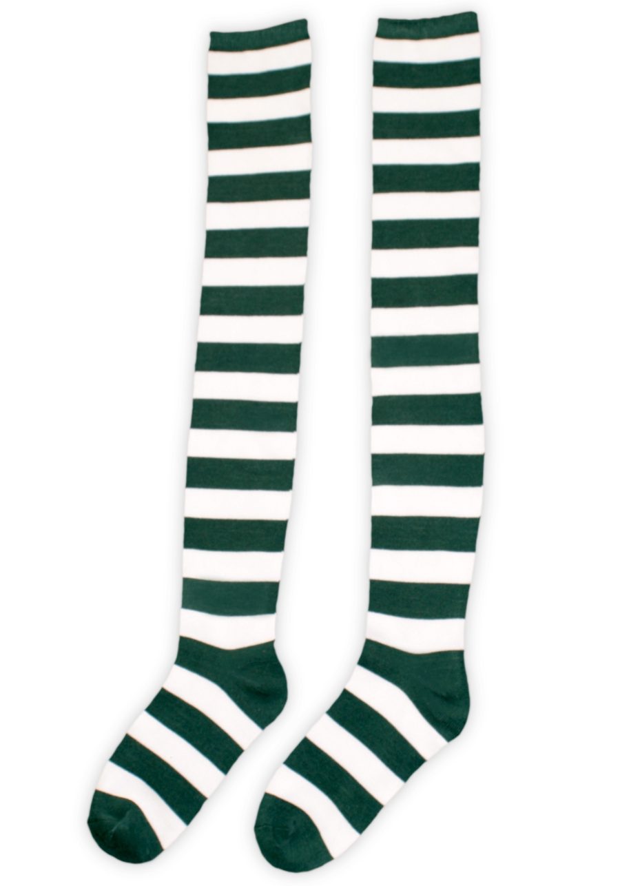 White and Green Striped Long Socks Women