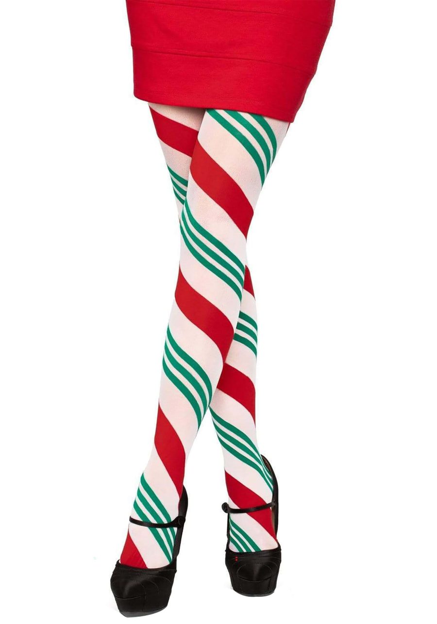 Women's Green and Red Candy Cane Striped Tights