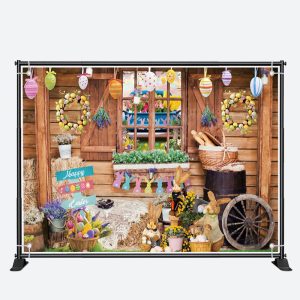 Wood Farm Window Floral Eggs Rabbit Easter Backdrop - Aperturee