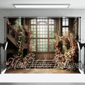 Wood Living Room Window Pink Floral Spring Backdrop - Aperturee