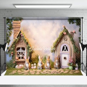 Wooden House Rabbit Floral Lawn Easter Backdrop - Aperturee