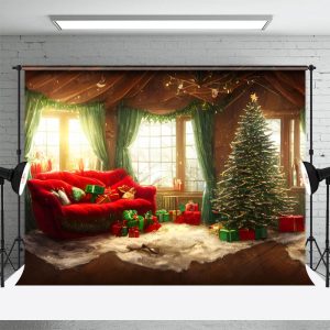 Wooden Room Floor Window Red Sofa Christmas Backdrop - Aperturee