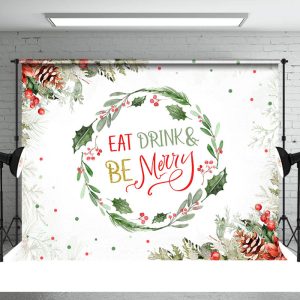 Wreath Eat Drink And Be Merry Christmas Backdrop - Aperturee