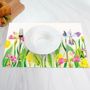 Yellow Pink Floral Green Leaves Set Of 4 Placemats - Aperturee