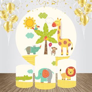 Yellow Sun Animals Tree Round Birthday Backdrop Kit - Aperturee